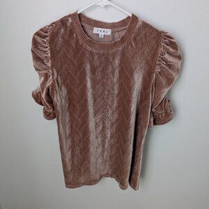 THML Women's Puffed Sleeve / Ruffled Arm Light Brown Velvet Top, Medium